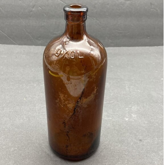 Vintage Oxol Bottle Amber Brown Glass 30s 40s 7.75” Tall Sediment Inside - Picture 3 of 10
